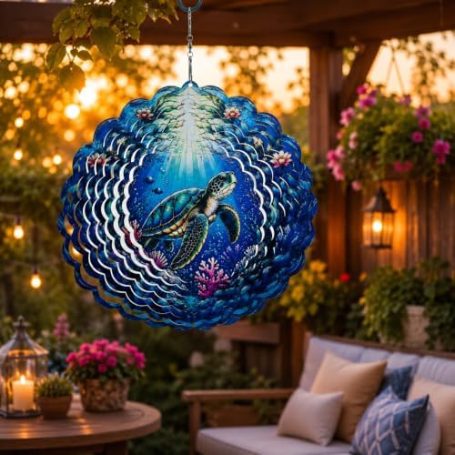 Shwing Wind Spinner 12 Inch Sea Turtle Wind Spinner Hanging Wind Sculptures Ocean Turtle Coral Reef Metal Ornament Outdoor Kinetic Garden Art for Patio Porch Beach Coastal Decoration - Image 6