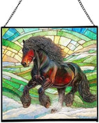 Black Icelandic Horse Climbing Snowy Slope Square Suncatcher – Stained Glass Style Window Panel with Pastoral Scene, Custom Decorative Hanging Art for Equestrian Home, Christmas AU2nfq by Custom