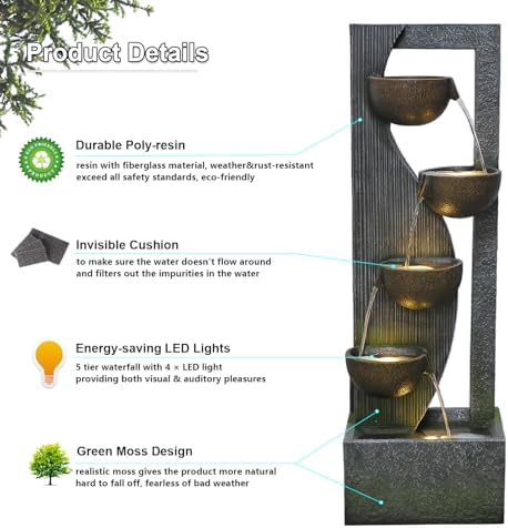Sunlinua Garden Water Fountains Outdoor 5 Tiered Cascading Bowl Modern Waterfall Fountain with LED Lights, Natural Stones for Garden, Living Room, Patio, Yard Art Decor, 16.3" L * 10.8" W * 49.2" H - Image 4