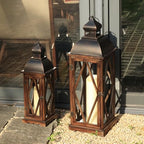 Large Farmhouse Wooden Metal Lantern Set of 2, 30''/22'' H Rustic Decorative Indoor & Outdoor Hanging Candle Lanterns, Wooden Outdoor Lanterns for Patio Front Porch Table, Brown - Image 7
