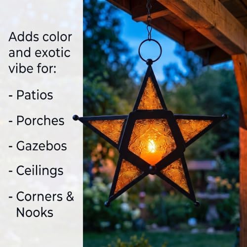 VELA LANTERNS Set of 2 Decorative Hanging Star Candle Lanterns – Moroccan Style Amber Glass & Metal Tealight Holders for Indoor, Outdoor, Patio, and Home Decor - Image 2