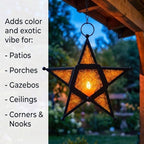 VELA LANTERNS Set of 2 Decorative Hanging Star Candle Lanterns – Moroccan Style Amber Glass & Metal Tealight Holders for Indoor, Outdoor, Patio, and Home Decor - Image 2