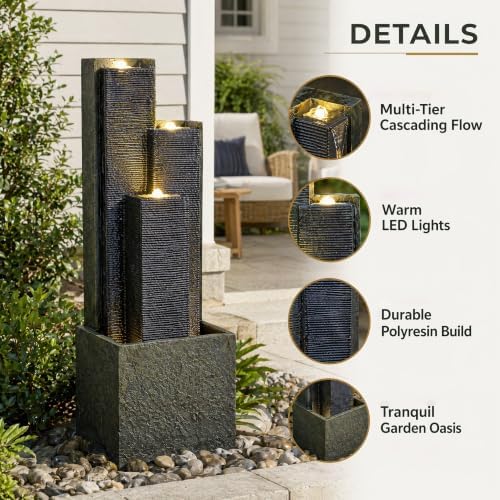 39" Outdoor Water Fountain, 3-Tier Resin Cascading Feature with LED - Image 3