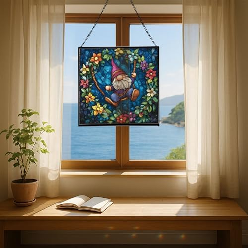 Wreath Swing Gnome Stained Glass Suncatcher – Square Hanging Window Panel for Home or Greenhouse – Whimsical Glass Art Gift for Garden Lovers, Christmas, Halloween, Father Days Of4WNz - Image 6