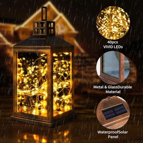 Solar Lantern Outdoor, Garden Hanging Lantern Solar Powered - Glass Waterproof Brushed Copper Solar Table Lantern Decorative Lights Flash and Steady-on Modes for Patio, Backyard, Garden - Image 3