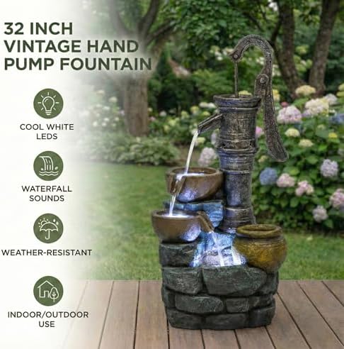 32" Large Outdoor Water Fountain with Lights, Vintage Pump Outdoor Fountains and Waterfalls, Rustic Garden Water Fountain for Patio Yard - Image 3
