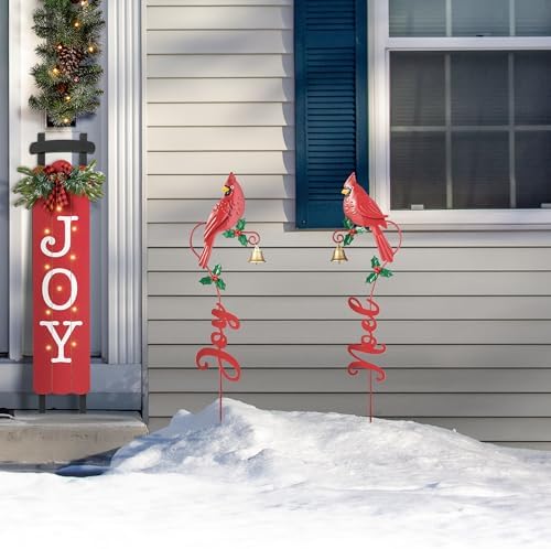 Glitzhome Set of 2 Metal Cardinal JOY & NOEL Yard Sign with Stake, 36"H Christmas Decorative Wall Hanging Decoration for Garden Home Lawn Pathway Walkway - Image 4