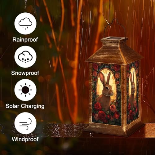 Solar Lantern Rabbit Portrait Stained Glass Style Roses Vintage Flowers Outdoor Waterproof Hanging Solar Light Outside Lights for Patio Yard House Lawn Decor Birthday Gifts for Women Mom - Image 5