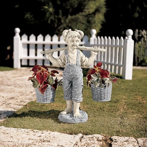 Design Toscano Flowers for Felicity Little Girl Garden Statue with Basket Planters, Medium, 25 Inches Tall, Cast Stone Resin, Two Tone Stone Finish - Image 4