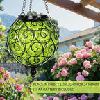 Solar Hanging Lantern Outdoor Garden Lights, Round Glass and Metal Hanging Lantern, 15 Firefly LED Lights, 7 x 20 Inch (Green) - Image 6