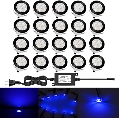 Low Voltage LED Deck Lighting Kit Stainless Steel 1W Waterproof Outdoor Yard Garden Decoration Lamps Landscape Pathway Patio Step Stairs LED In-ground Lights Black Border(20pcs,Blue) by QACALEDOutdoorRecessedDeckLightingKits