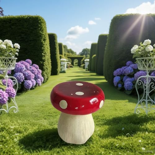 13.8" Resin Mushroom Stool for Kids & Garden Decor, Woodland Forest Side Table & Plant Stand for Patio, Balcony, Playroom, Lawn & Indoor Outdoor Spaces-Red - Image 4