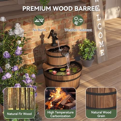 Aoxun 2-Tier Outdoor Water Fountain, Wood Barrel Cascading with Electric Decorative Hand Pump, Rustic Waterfall Fountain for Garden, Backyard, Patio, Porch, Yard - Image 4