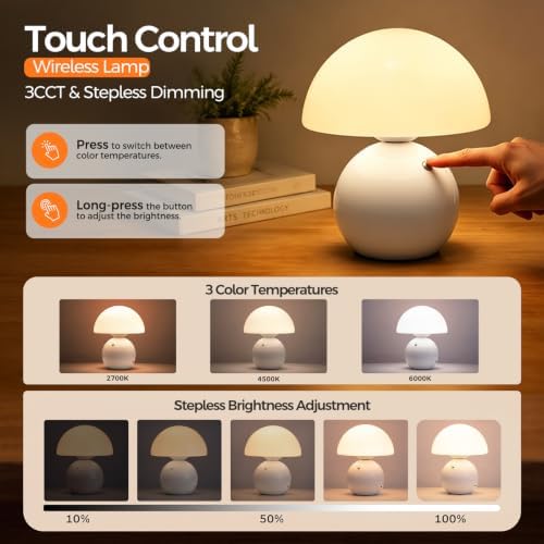 NIORSUN Wireless Mushroom Lamp,3CCT Table Lamp for Bedroom, Portables Cordless Lamps,Wireless lamp,Small Bedside Table Touch Lamps for Living Room,Mushroom 5200mAh Battery Operated Lamp Modern (White) - Image 2