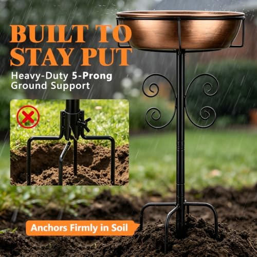 Btefd 3" Deep 43" Tall Copper Metal Bird Bath for Outdoor, 12" Dia Removable Bird Baths Water Bowl for Outside, Standing Birdbaths with Stable Stake for Garden Yard Lawn Decor 1.4 Gallon - Image 4