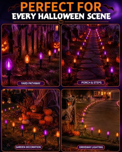 Halloween Pathway Lights, 10-Pack Purple and Orange C9 LED Stakes - Image 6