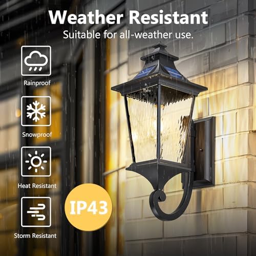 Emliviar Solar Wall Lantern Outdoor, Waterproof Outdoor Sconce Light, Dusk to Dawn LED Exterior Wall Lighting with Water Ripple Glass, Black Finish, 500181-SL SW BK - Image 4