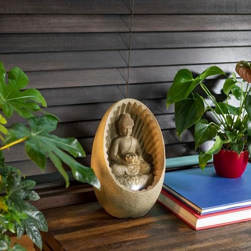 Alpine Corporation WIN322 Indoor/Outdoor Tabletop Buddha Fountain with LED Lights, Soothing Buddha Garden Fountain 11", Beige - Image 2