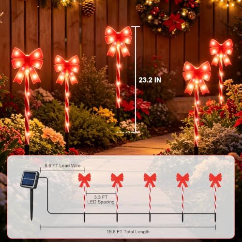 Solar 5PCS Christmas Bow Outdoor String Lights with Stakes Decor Red - Image 5