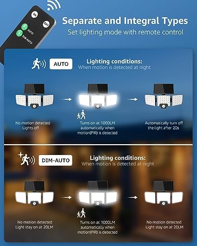 Lepro Solar Security Lights Outdoor Motion Sensor, 2 in 1 Separated and Integrated Remote Control IP65 Waterproof Solar Lights with 2 Light Modes, 3 Heads Floodlight for Garden Yard Garage - Image 5