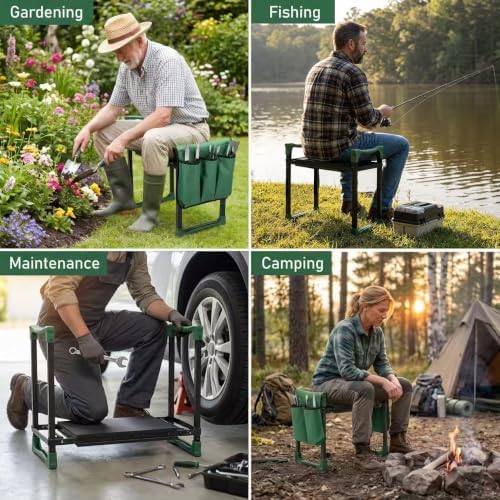 Garden Kneeler and Seat, Heavy Duty Foldable Garden Stool with Anti-Tip Outward Angled Legs, Thick Padded Kneeling Bench for Seniors, Portable Gardening Bench with Tool Bag - Image 5