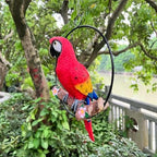 Hanging Scarlet Macaw Parrot Perching on Branch in Metal Round Ring for Home Patio Garden Decor 16" H (Red and Yellow) - Image 2