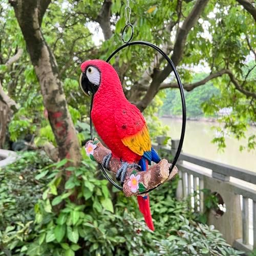 Hanging Scarlet Macaw Parrot Perching on Branch in Metal Round Ring for Home Patio Garden Decor 16" H (Red and Yellow) - Image 2