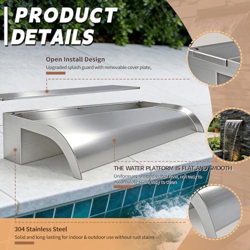 Curved-Mouth Waterfall Pool Fountain, Stainless Steel Waterfall Spillway with Pipe Connector Kits for Outdoor Decorative, 11.8 Inches Pool Water Feature for Garden Patio, Backyard Koi Pond Decor - Image 5