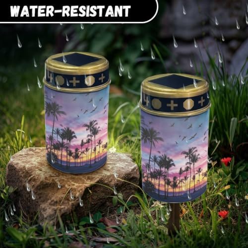 Poceacles Solar Lights Outdoor Solar Powered Outdoor Cemetery Stake Candle Grave Lamp Landscape Lighting Waterproof Grave Flameless Candle, Palm Tree Beach Sunset Pattern Violet Blue, Pack of 2 - Image 6