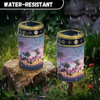 Poceacles Solar Lights Outdoor Solar Powered Outdoor Cemetery Stake Candle Grave Lamp Landscape Lighting Waterproof Grave Flameless Candle, Palm Tree Beach Sunset Pattern Violet Blue, Pack of 6 - Image 6