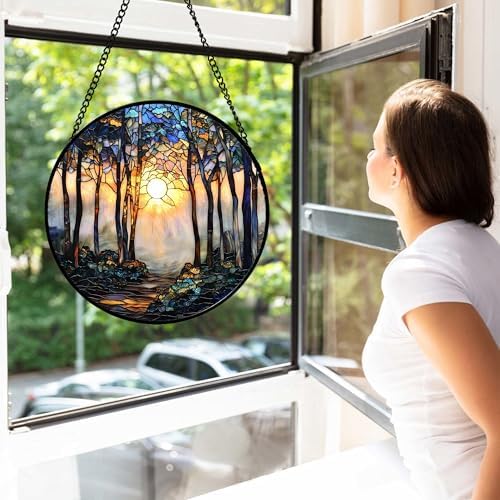 Sunrise Forest Path Stained Glass Window Hanging Suncatcher Gifts 15" - Image 2