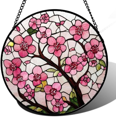Pink Cherry Blossoms Stained Glass Window Hanging Suncatcher Gifts 15" by Follow