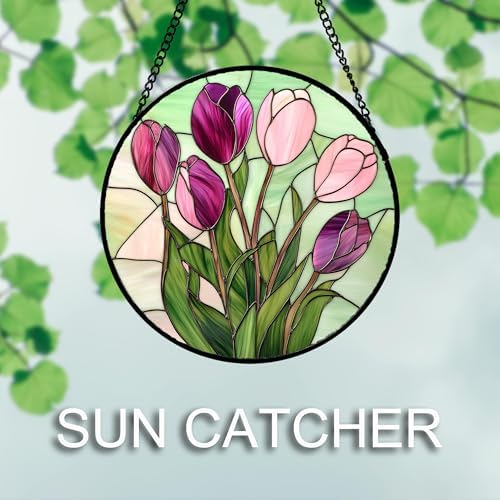 Stained Glass Window Hanging 4 Pcs Set Tulips Plum Flower Daffodils Hyacinths 6.3" - Suncatcher Door Garden Sun Catcher Decor Birthday Mother's Day for Mom Woman Nana - Image 3