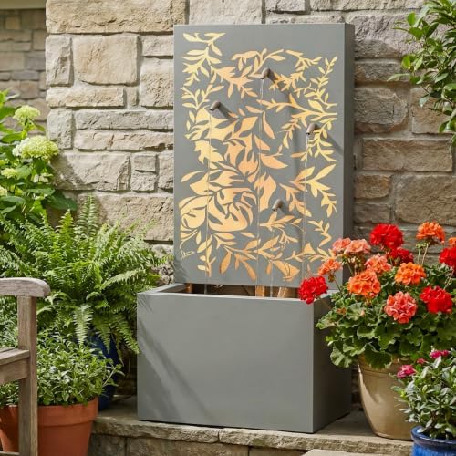30.71" Modern Metal Leaf Cutout Outdoor Water Wall Fountain with LED Lights by Noeko