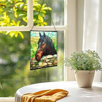 Black Morgan Horse Watching Over Stone Wall Square Suncatcher – Stained Glass Style Window Panel with Pastoral Scene, Custom Decorative Hanging Art for Equestrian Home, Christmas 29WWnX - Image 3