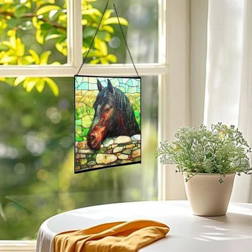 Black Morgan Horse Watching Over Stone Wall Square Suncatcher – Stained Glass Style Window Panel with Pastoral Scene, Custom Decorative Hanging Art for Equestrian Home, Christmas 29WWnX - Image 3