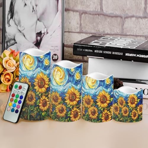 Starry Night Sunflower Flickering Flameless Candles Pillar LED Candles with Remote and Timer Set of 4 Color Changing Battery Operated Candles Decoration - Image 4