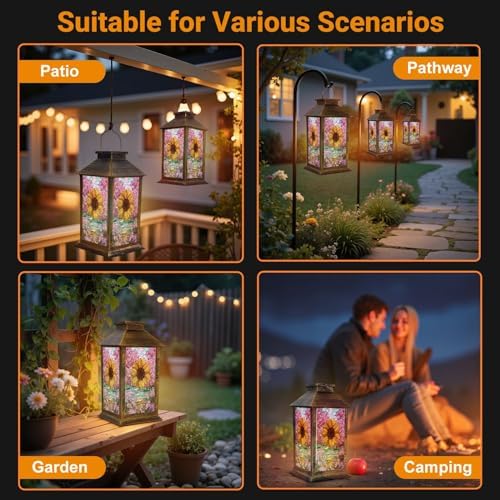Stained Glass Style Solar Lantern Outdoor Garden Hanging Lantern Stained Glass Sunflower Spring Mosaic Design Waterproof Solar Powered Lighting Outside Table Lamp for Patio Deck Yard Camping - Image 5