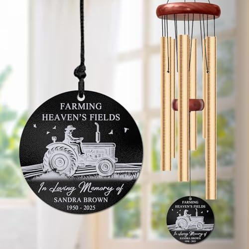 Personalized Farmer Memorial Wind Chime – “Farming Heaven’s Fields” Custom Name & Years – Sympathy Gift for Farming Families – Engraved Tractor Remembrance Windchime for Loss of Loved One Décor - Image 2