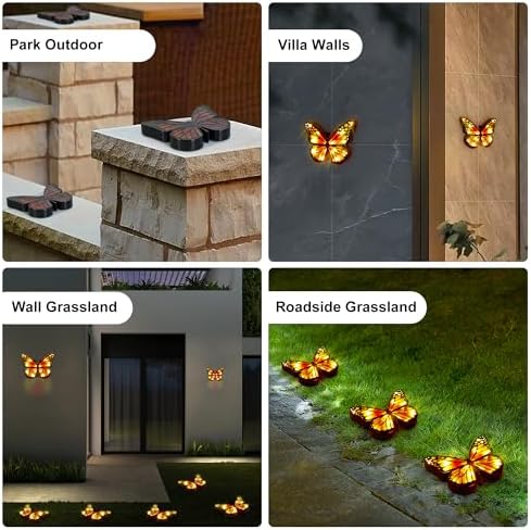 ground lights, equipped with 4 solar butterfly lights for outdoor waterproofing, 14 LED solar landscape lighting, suitable for gardens, courtyards, terraces, corridors, lanes, and walkways (yellow) - Image 4