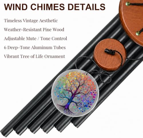 Tree of Life Wind Chimes for Outside, Deep Tone Outdoor Wind Chime with Colorful Wind Catcher, 6 Aluminum Tubes, Garden Porch Patio Decor, Memorial & Birthday Gift - Image 4