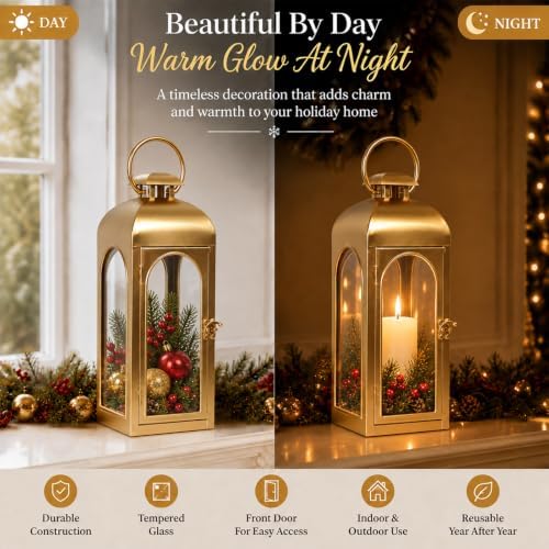Christmas Decorative Lantern Gold Metal Candle Holder 16'' Tempered Glass - Image 5