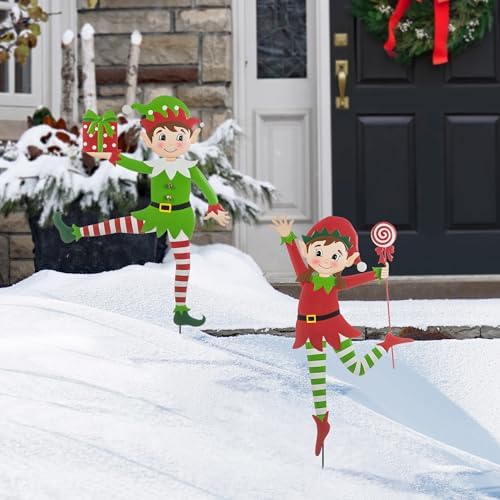 Glitzhome Set of 2 Metal Dancing Elf Yard Sign with Stake, 35.75" H Christmas Decorative Wall Hanging Decoration for Garden Home Lawn Pathway Walkway - Image 2