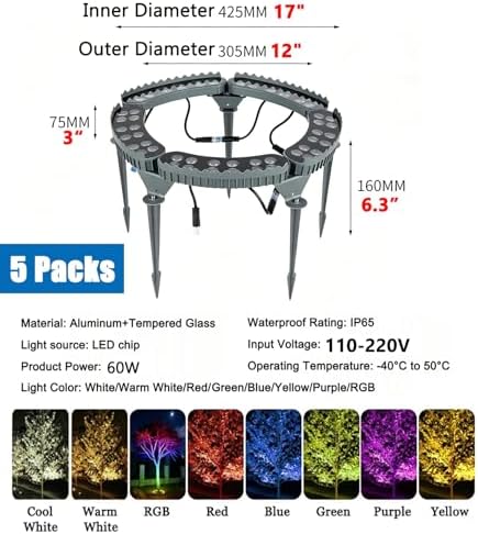 LED Ring Tree Lights Outdoor, Waterproof Tree Spotlight with 3 Installation Methods, Landscape Up Light for Yard Garden Pathway Trees Decoration(RGB,5 Lights) - Image 2