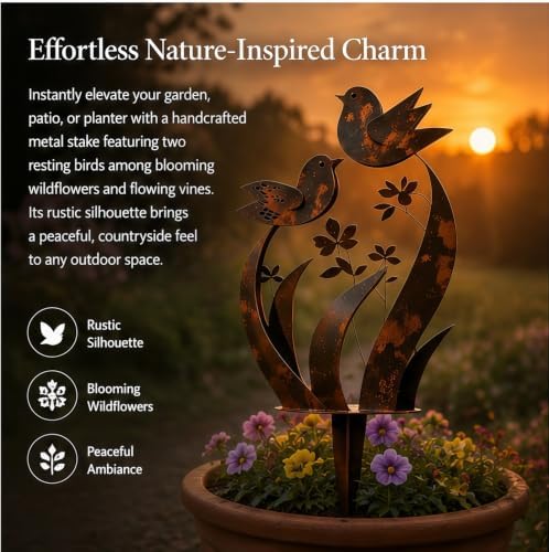 Bird & Wildflower Metal Garden Rustic Bird Stake (2, 15.7 inch) - Image 4