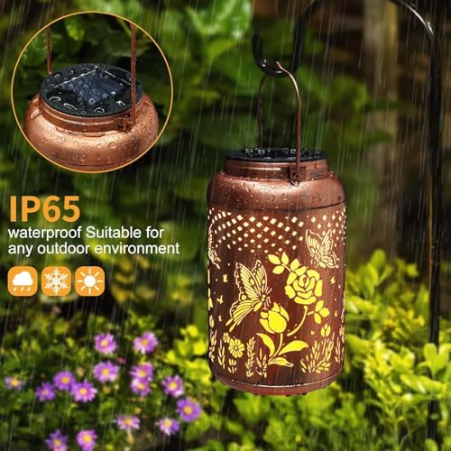 2 Pack Solar Lanterns Outdoor Waterproof, Butterfly Rose Garden Decor Birthday Gifts for Women Mom Grandma Hanging Solar Lights Metal Solar Decoration Outside for Yard, Patio, Lawn - Image 4