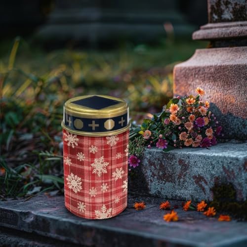 Poceacles Christmas Solar Lights Waterproof Cemetery Candles Solar Powered Grave Outdoor Decorative Walkway Lights for Lawn Garden Pathway Decor, Christmas Plaid Snowflake Red, Pack of 6 - Image 3