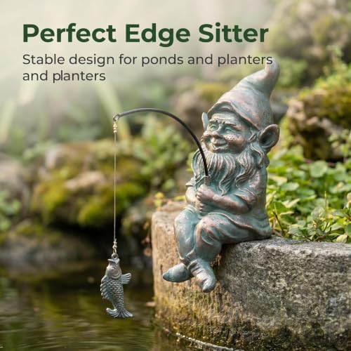 Garden Gnome Pond Statue Decoration, Fishing Copper Gnome Garden Statue Outdoor Koi Pond or Waterfall Decor, 9.7" Gnome Fishing Poolside Statue with Glow in Dark Pebbles Included, Great Gifts for Mom - Image 5