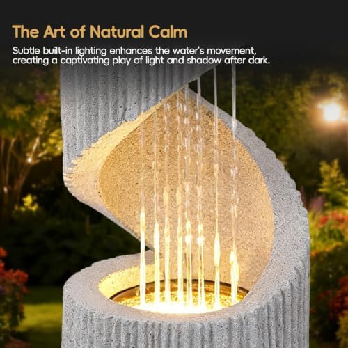 30" H Outdoor Water Fountain with LED Light, S-Shaped Modern Curved Outdoor Fountain, Spiral Column Fountain, Decorative Waterfall Feature with Flat Top Plant Display for Garden, Patio Decor - Image 4