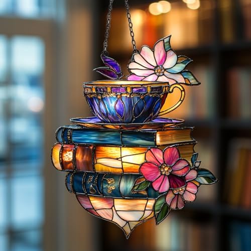 Tea Cup Flowers and Books Acrylic Suncatcher by AVAGAN
